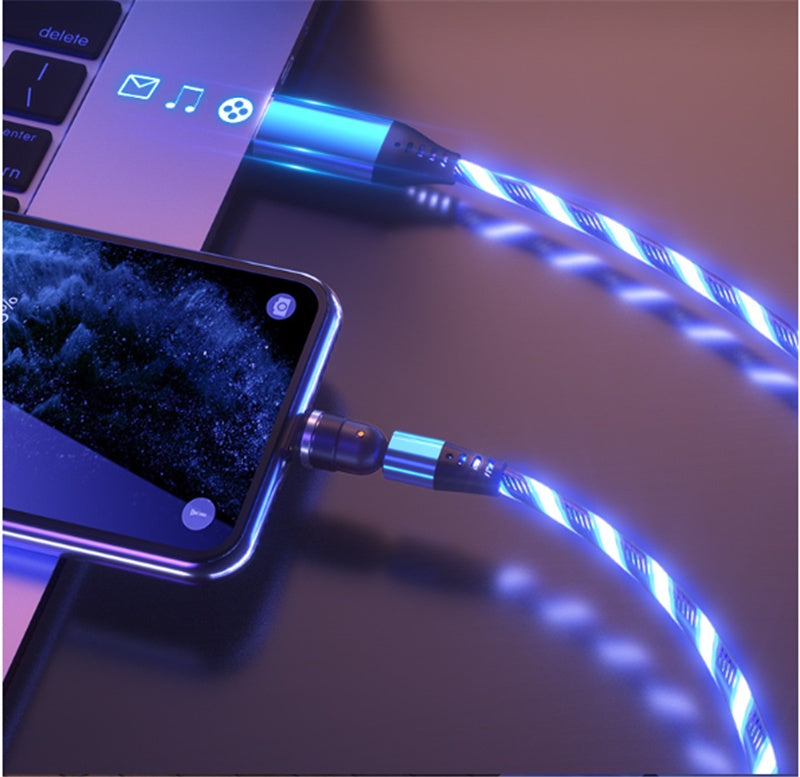 LED Magnetic Charging Cable for iPhone, Android & Type-C - 3-in-1 540° Rotating Fast Charger