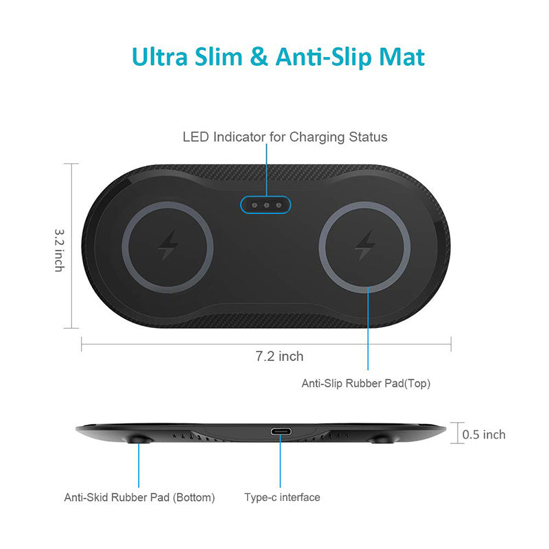 Wireless Charger Pad Dual 2-in-1 for iPhone and Android Fast Charging Station