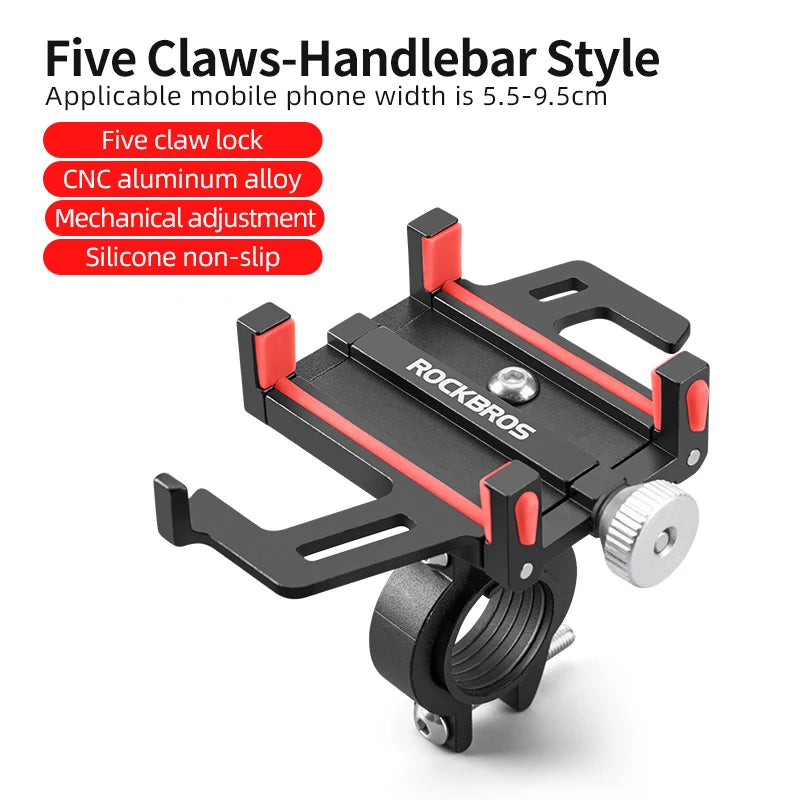 ROCKBROS CNC Aluminum Bike Phone Holder | 5-Claw Mechanical 360° | Motorcycle Bicycle Mount