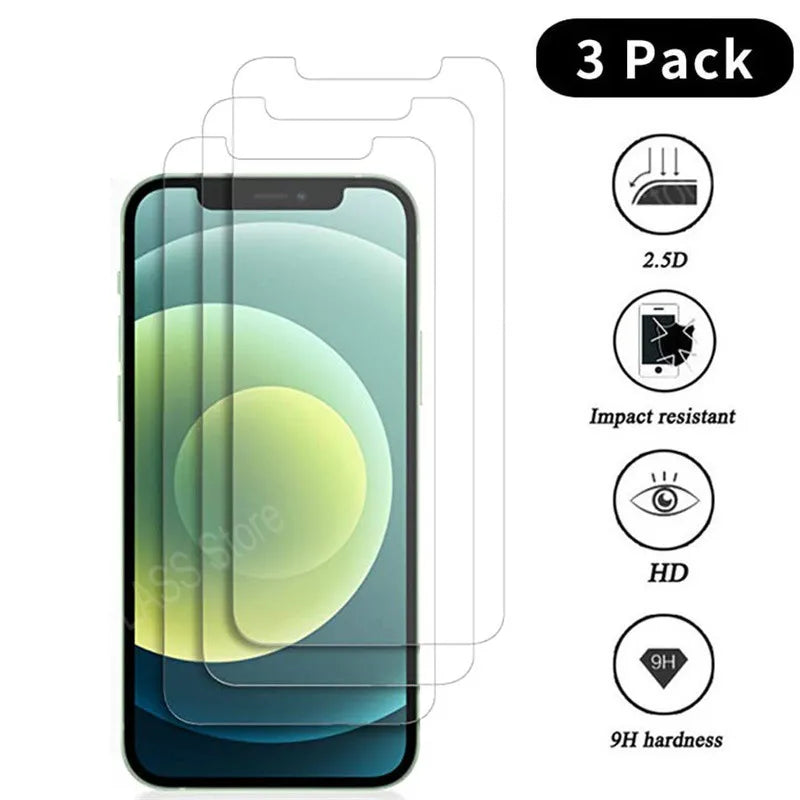 3-Pack Tempered Glass Screen Protector iPhone 16E 15 14 13 12 11 X XR XS 8 7 6S Pro Max Mini Plus