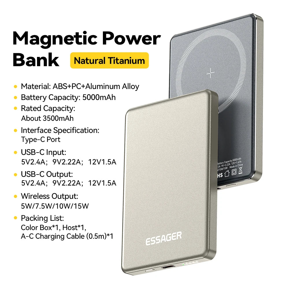 Essager 5000mAh Magnetic Wireless Power Bank 20W Fast Charging for iPhone 17 16 15 14 MagSafe