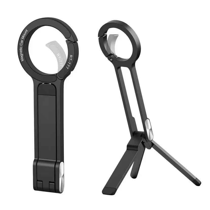 Foldable phone tripod on car air vent phone holder in a car