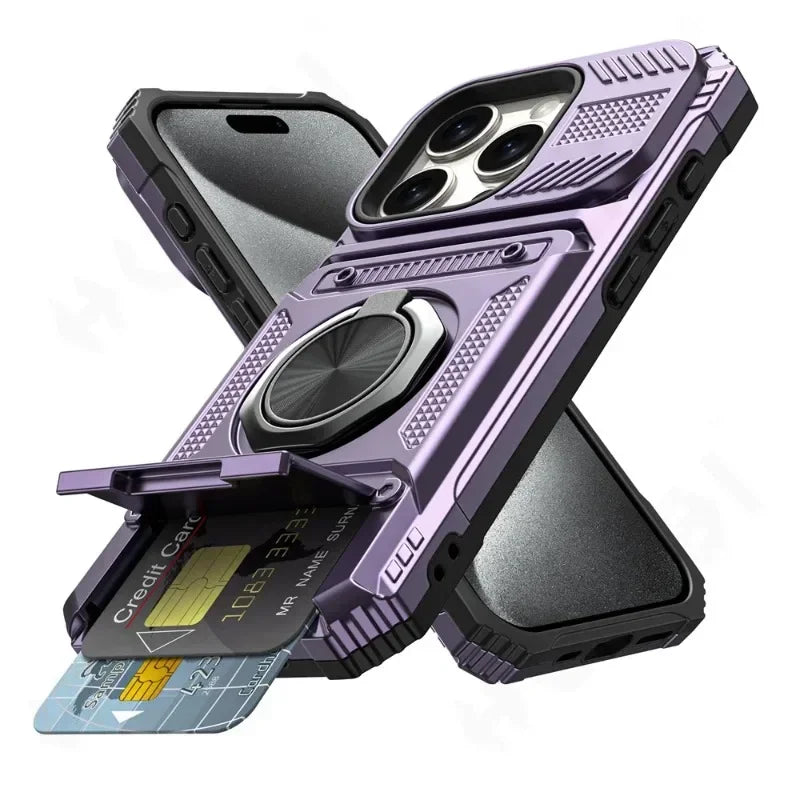 Heavy Duty Magnetic Ring Kickstand Wallet Case with Magsafe & 360° Stand