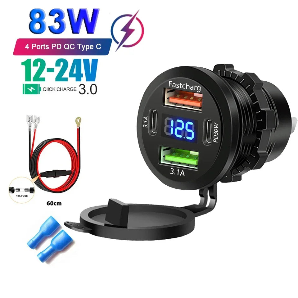 96W 4-Port Car Charger Socket, Dual USB-C & QC3.0 12V/24V