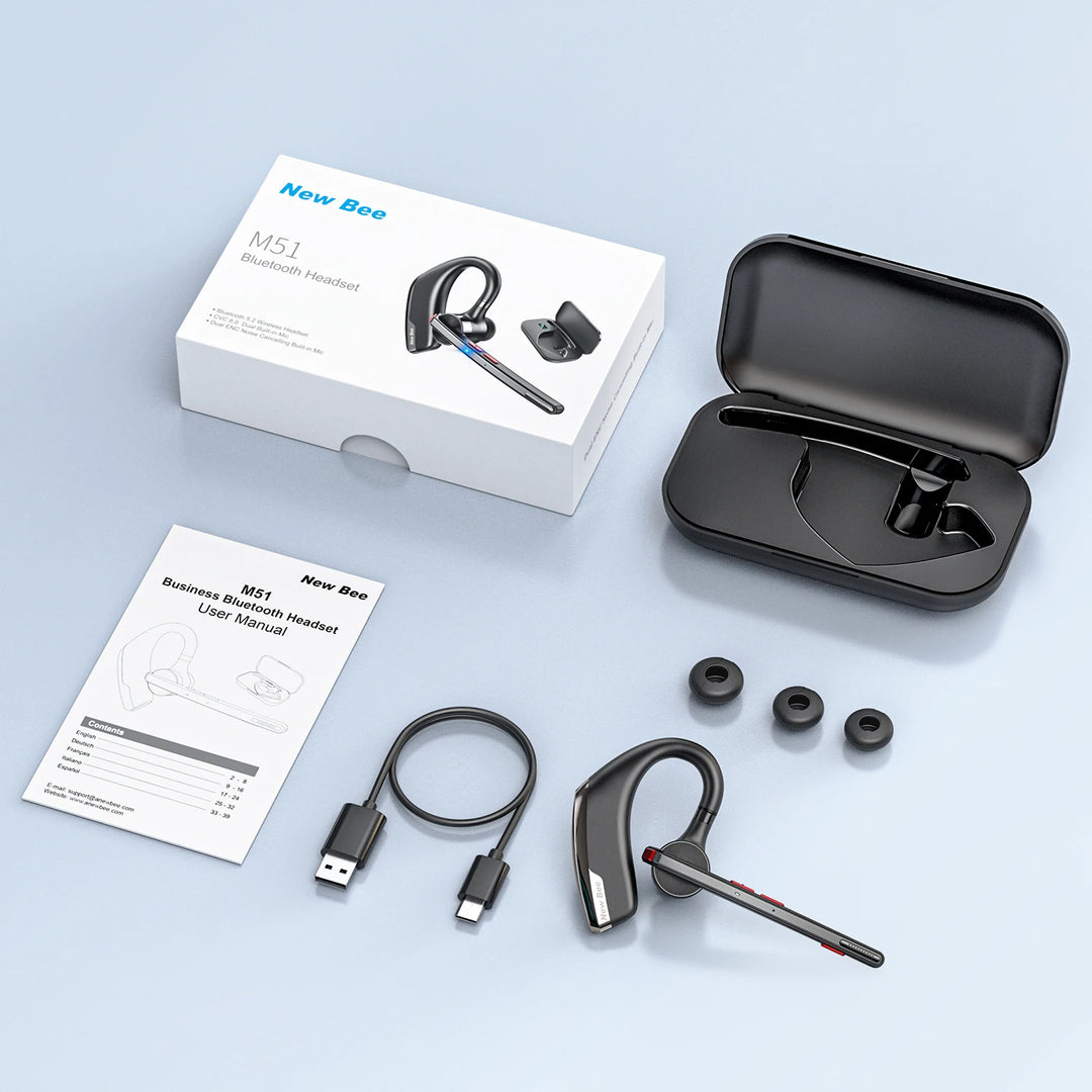 New Bee M51 Wireless Bluetooth Headset with Dual-Mic CVC8.0 Noise Cancelling for Professionals