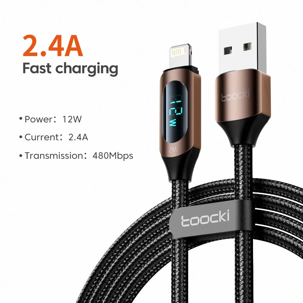Toocki LED Display iPhone Cable | 2.4A Fast Charging Lightning Braided Cord 1m 2m iPhone 14–7