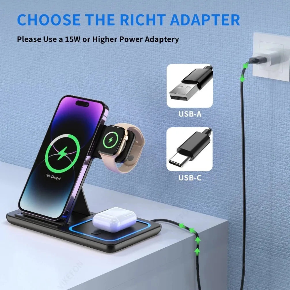 VIKEFON 3 in 1 Foldable Wireless Charging Station | 15W Fast Charger for iPhone 17 iWatch AirPods