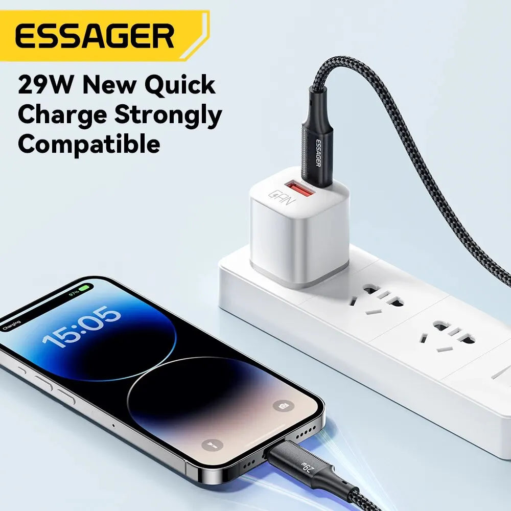 ESSAGER USB-C to Lightning Cable 3A 29W PD | Fast Charging Braided Cord iPhone 14 13 12 11 iPad