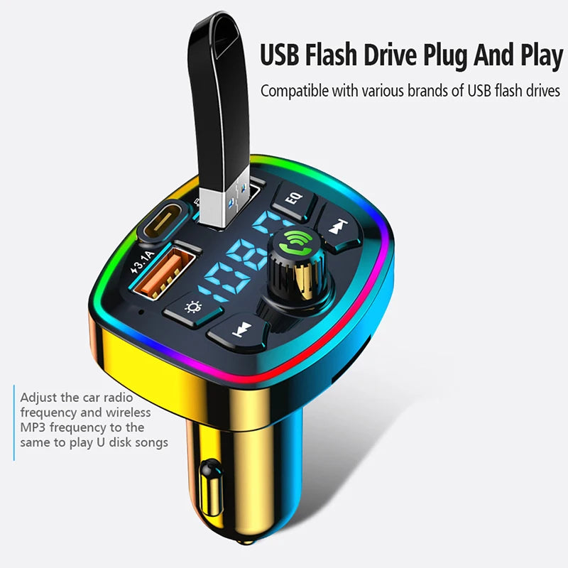 Bluetooth 5.0 FM Transmitter for Hands-Free Call, Car USB Charger, MP3 Player