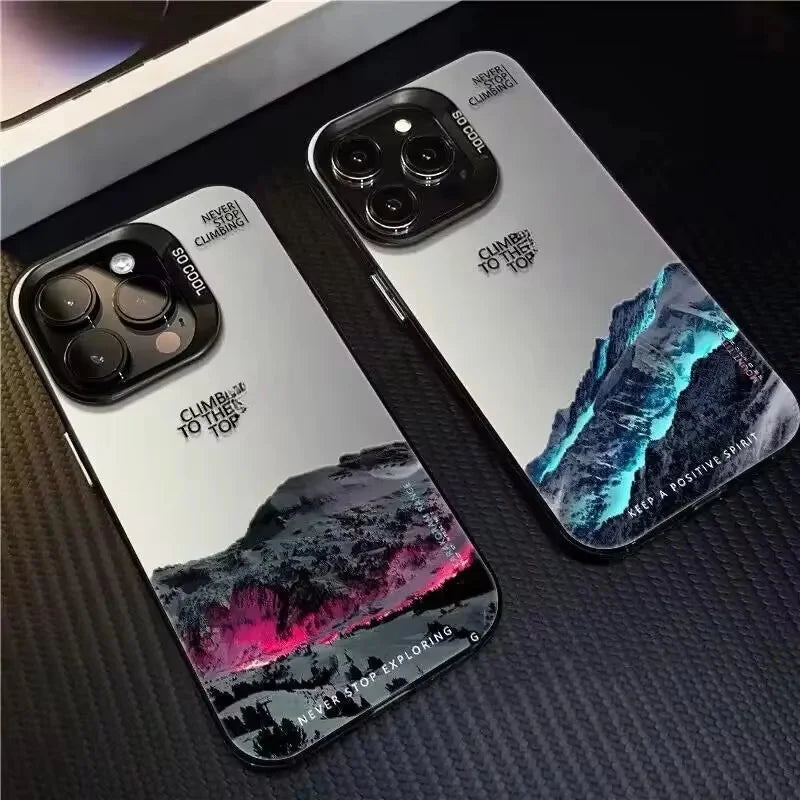 Snow Mountain Sunset Landscape Phone Case for iPhone 11-17 Pro Max – Electroplate Silver