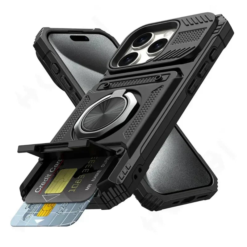 Heavy Duty Magnetic Ring Kickstand Wallet Case with Magsafe & 360° Stand