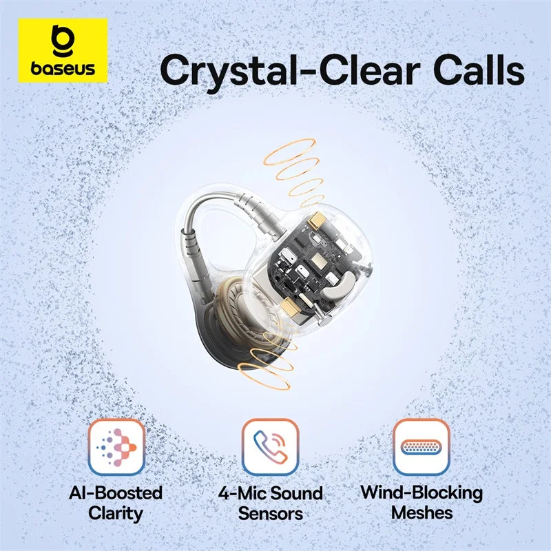 Baseus BC1 Bluetooth 6.0 Open Ear Clip Earbuds | 4-Mic AI | Super Bass | IP55 | 38H