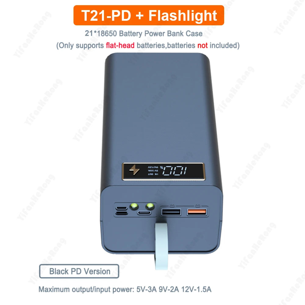 21x18650 DIY Power Bank Case with Flashlight & Wireless
