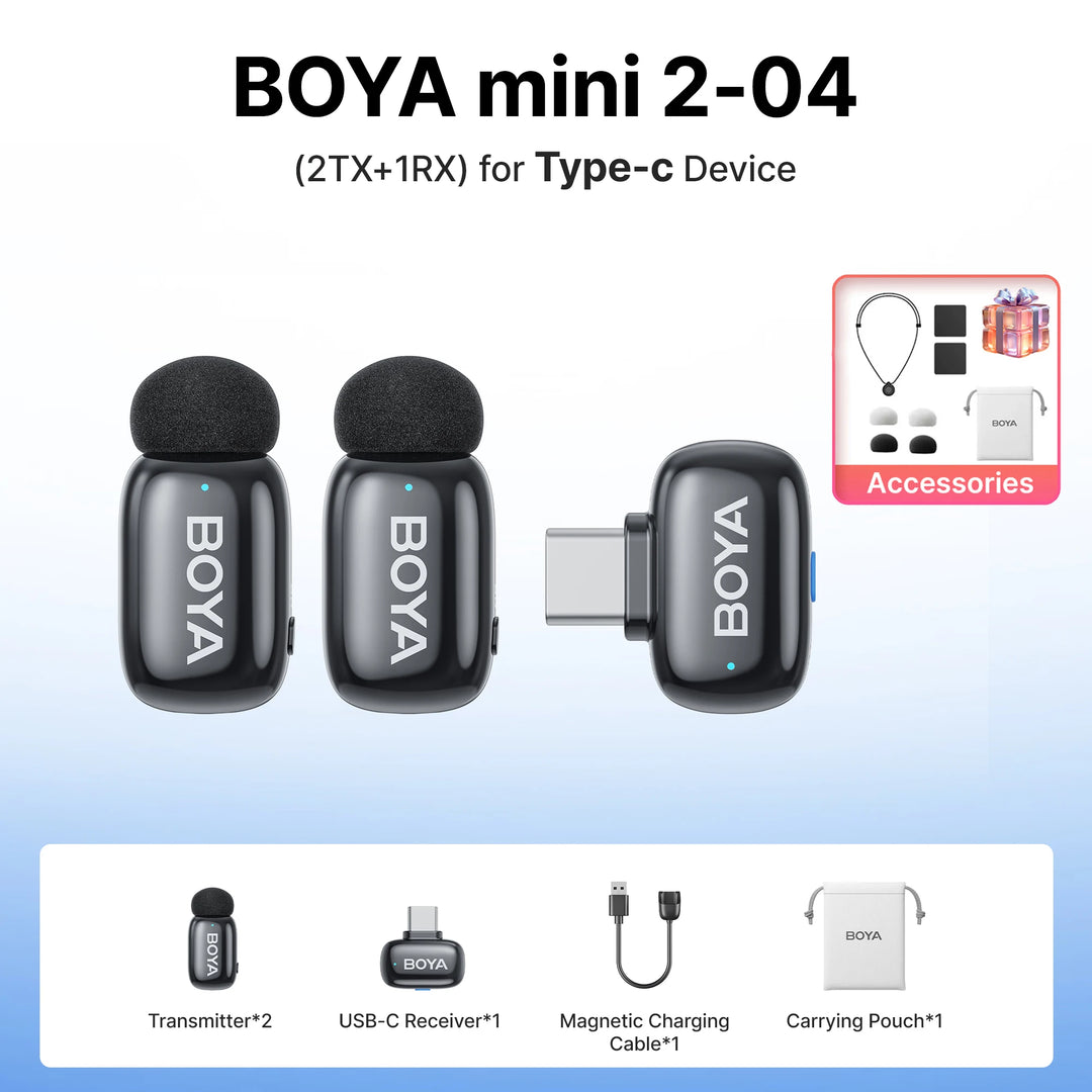 BOYA Mini 2 Wireless Lavalier Mic | AI Noise Cancellation 24-Bit for iPhone Android