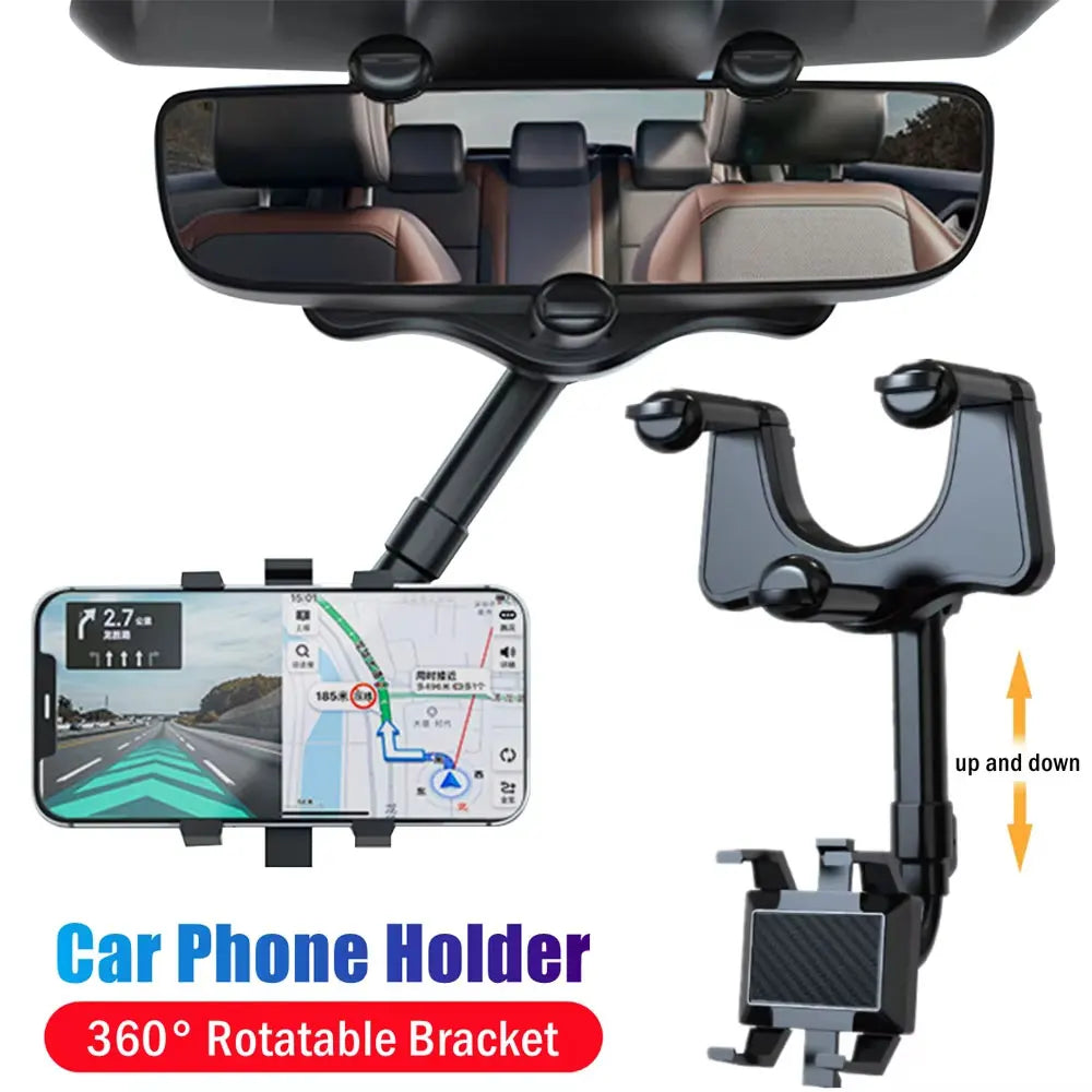 Car Rearview Mirror Phone Holder – 360° Retractable Clip Mount GPS Stand