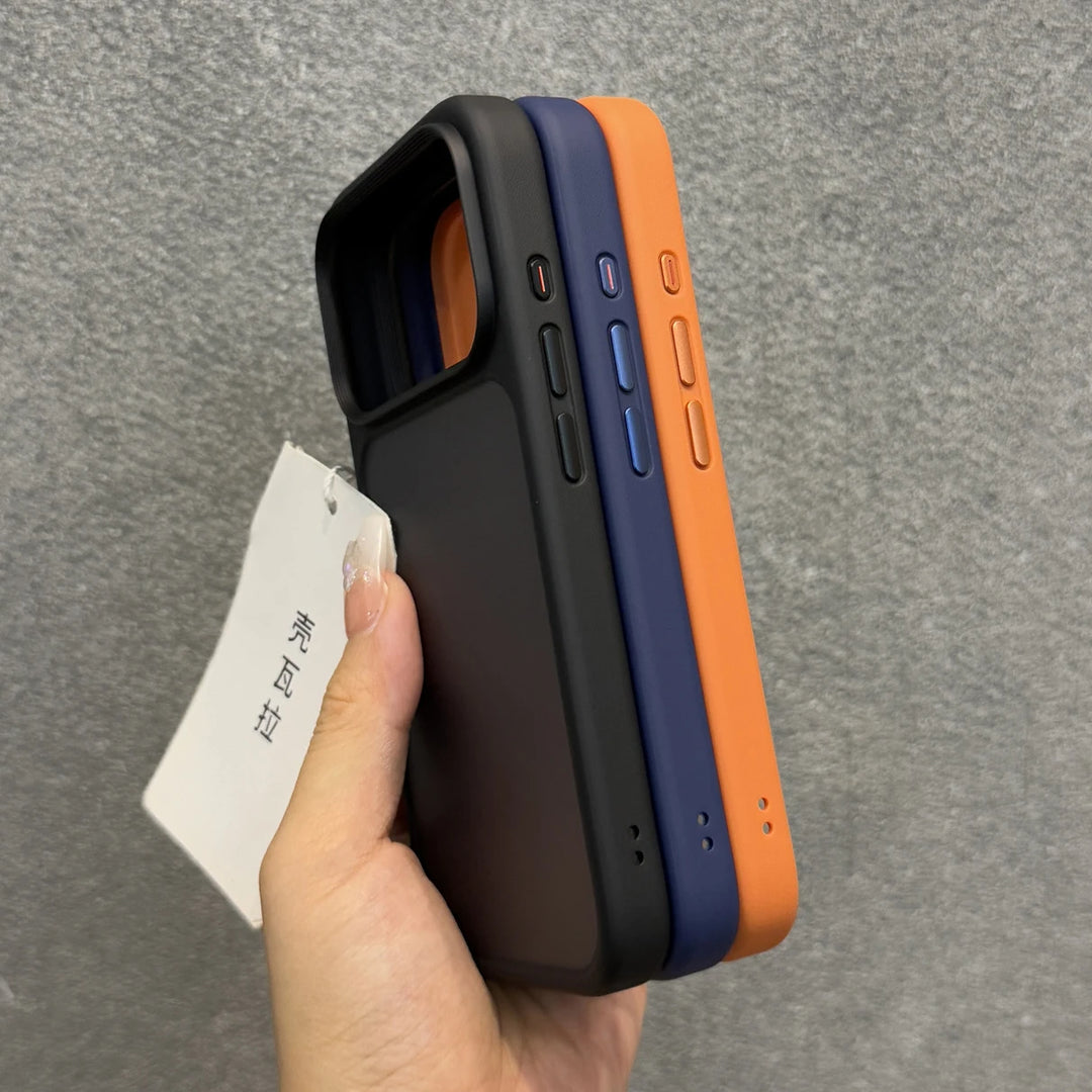 Luxury Orange Matte Transparent iPhone 17 Pro Max Case | Metal Buttons Shockproof Cover