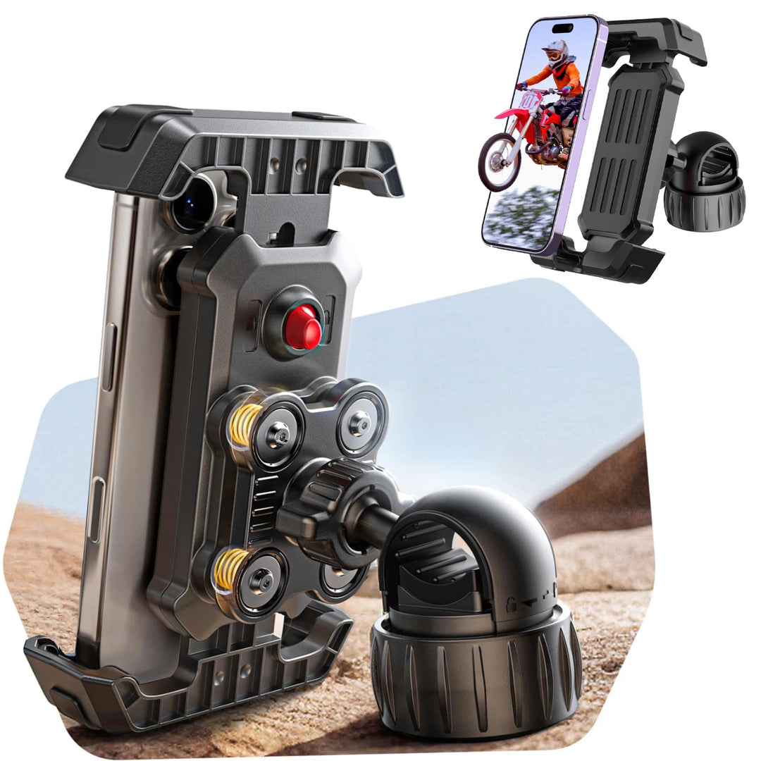 Anti-Vibration Bike Phone Mount – 360° Shock Absorber Handlebar Clamp