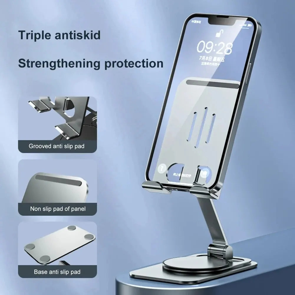 K61 Metal 360° Rotating Phone Tablet Stand | Foldable Adjustable Desk Holder for iPhone iPad