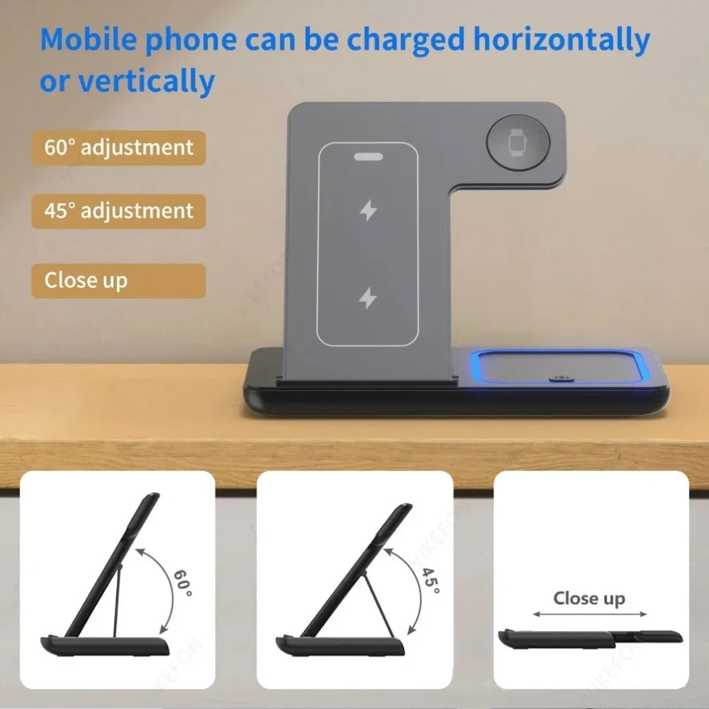 VIKEFON 3 in 1 Foldable Wireless Charging Station | 15W Fast Charger for iPhone 17 iWatch AirPods