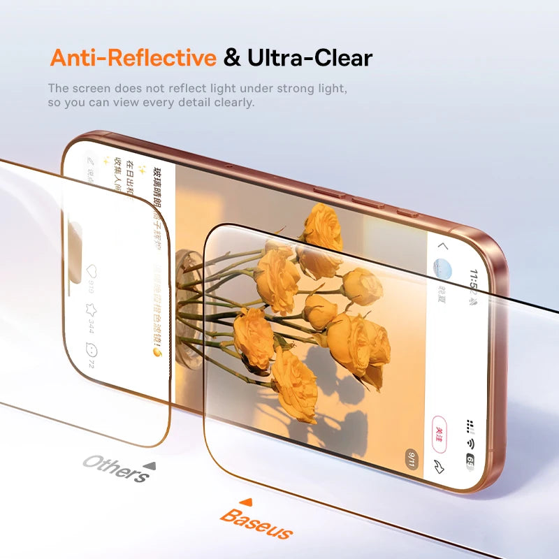 Baseus Crystal HD Tempered Glass iPhone 17 16 15 14 13 12 Pro Max Anti-Spy Dust-Free 0.33mm 95% Clear