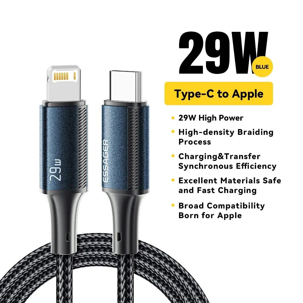 ESSAGER USB-C to Lightning Cable 3A 29W PD | Fast Charging Braided Cord iPhone 14 13 12 11 iPad