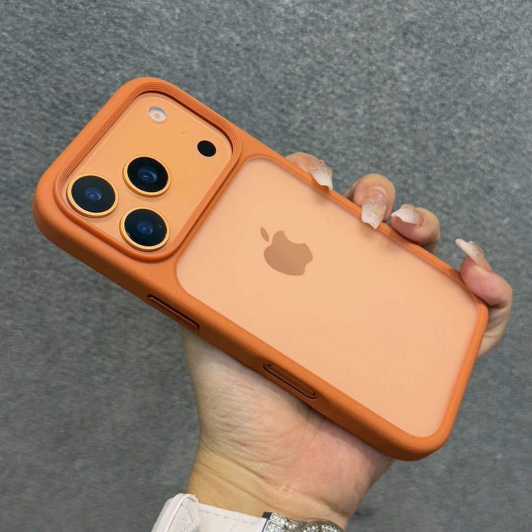 Luxury Orange Matte Transparent iPhone 17 Pro Max Case | Metal Buttons Shockproof Cover