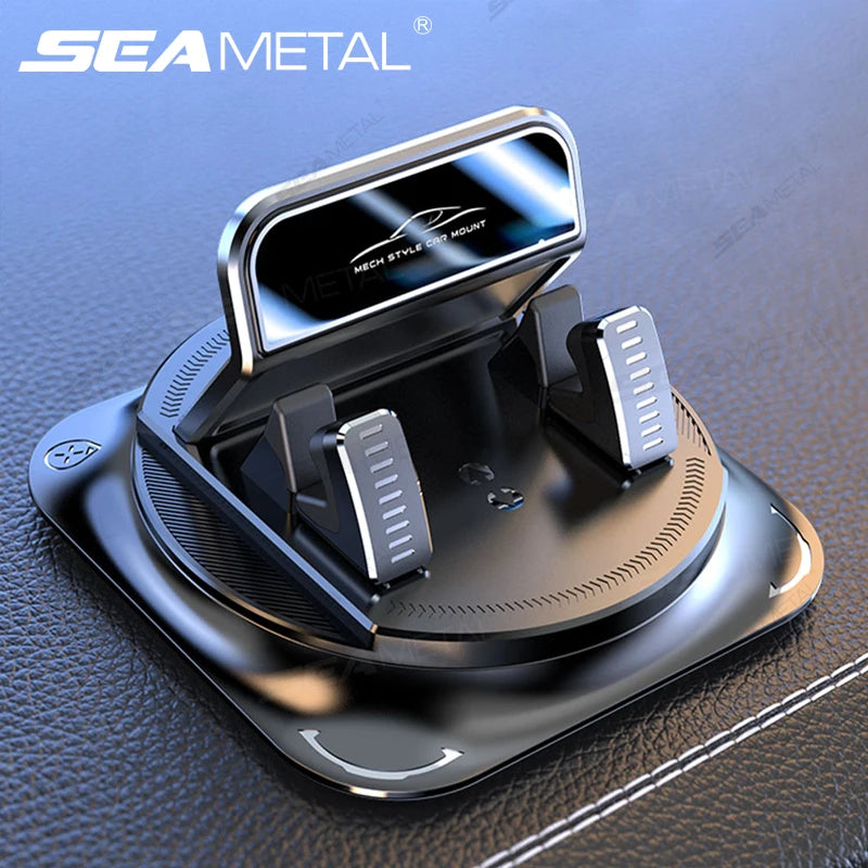 Car dashboard phone mount with oval rotating base and adjustable metal side clamps
