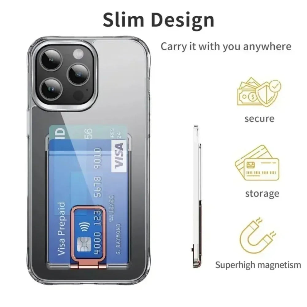 MagSafe Wallet Clear iPhone Case | Card Slot Fold Stand Magnetic Cover iPhone 16 15 14 13 12 11