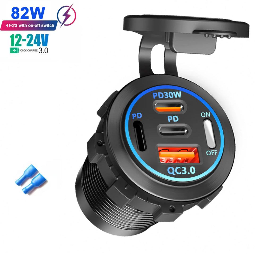 96W 4-Port Car Charger Socket, Dual USB-C & QC3.0 12V/24V