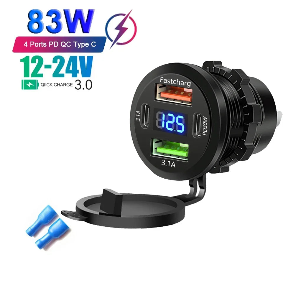 96W 4-Port Car Charger Socket, Dual USB-C & QC3.0 12V/24V