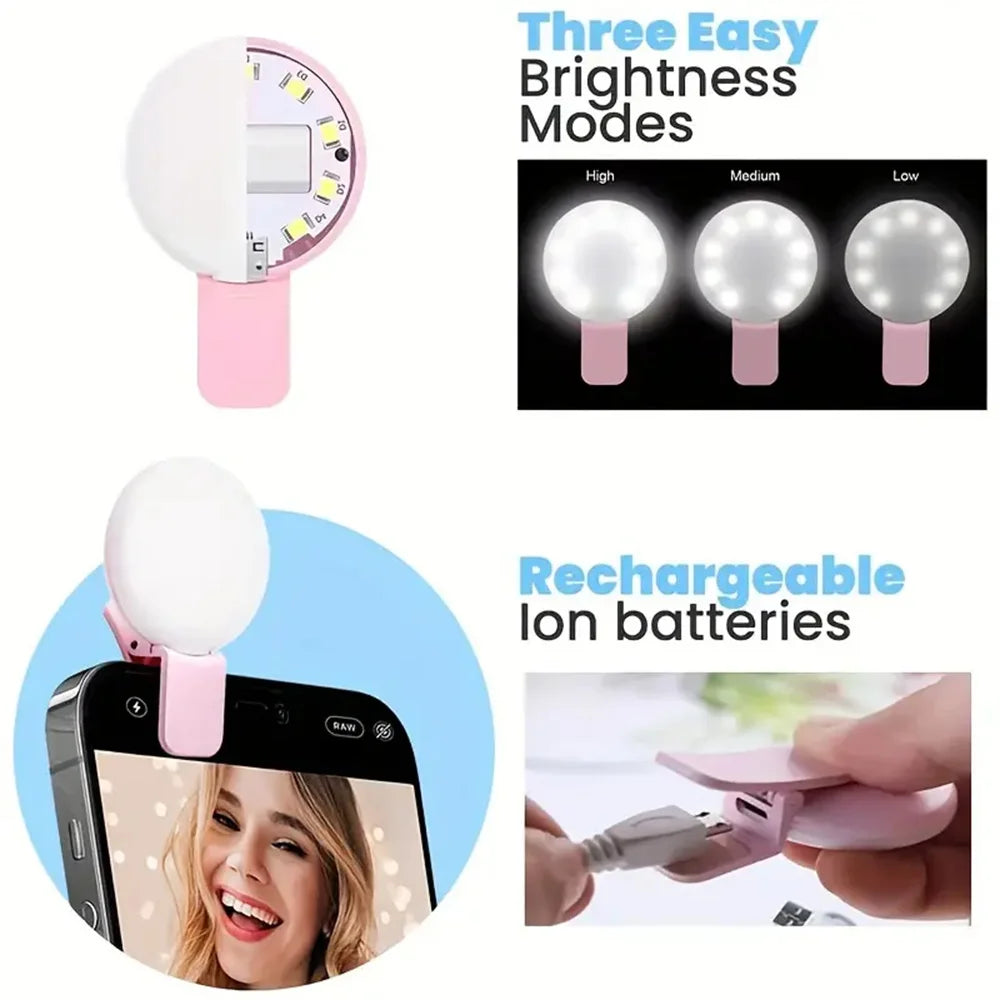 Clip-On LED Selfie Ring Light for Phone - Portable and Rechargeable
