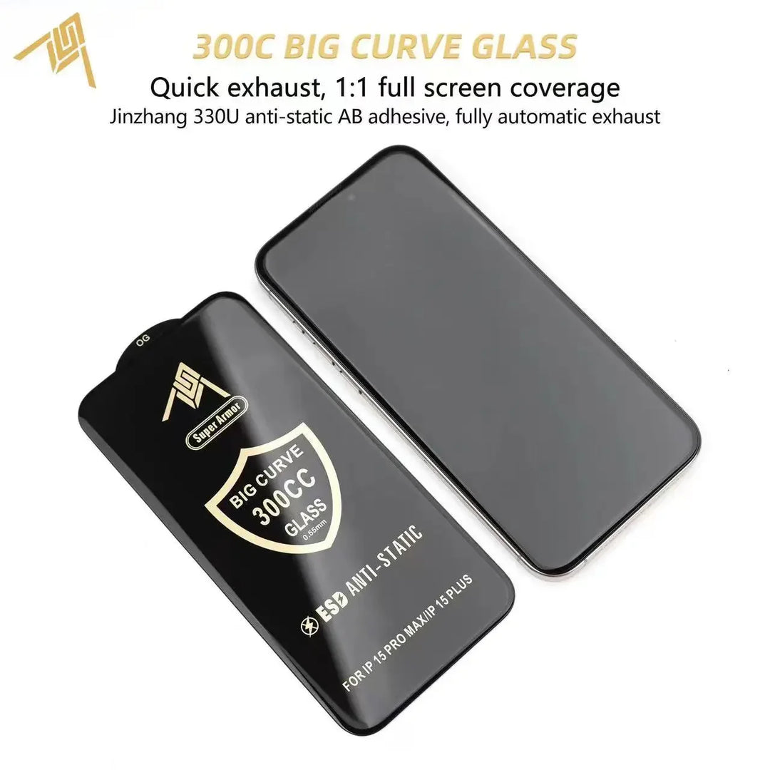 2-pack 300CC big curve ESD anti-static tempered glass for iPhone 17 16 15 14 13 12 11 X XR XS Pro Max. HD clear, anti-scratch, anti-shatter. Free shipping!