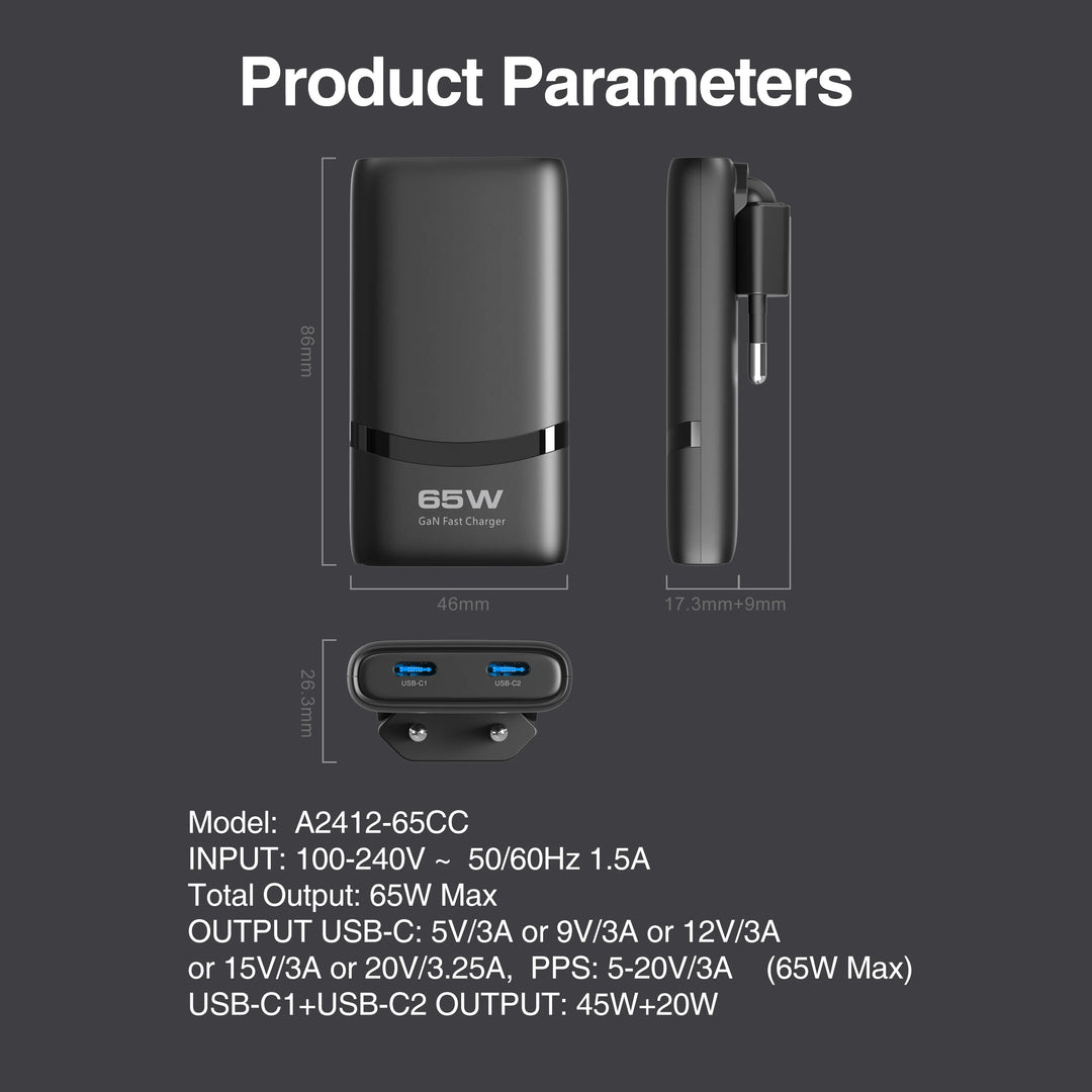 deepartner 65W GaN Dual USB-C Charger - Foldable Plug