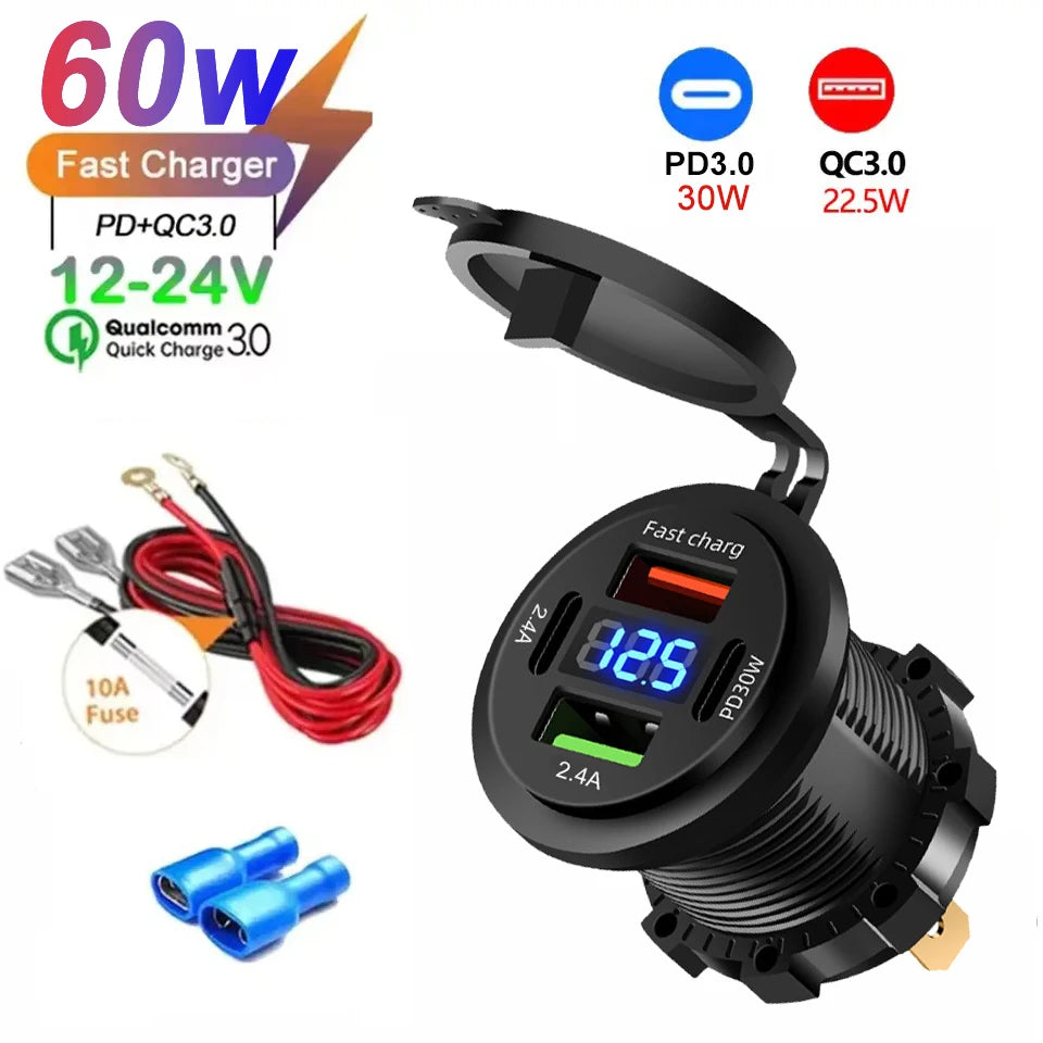 96W 4-Port Car Charger Socket, Dual USB-C & QC3.0 12V/24V