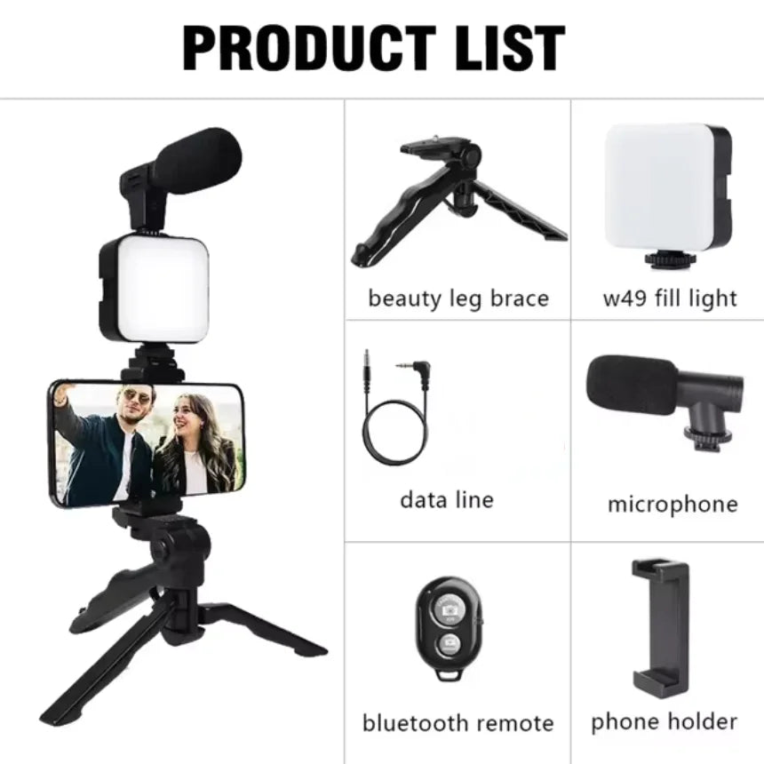 Smartphone Vlogging Kit Tripod Mic LED Light for TikTok
