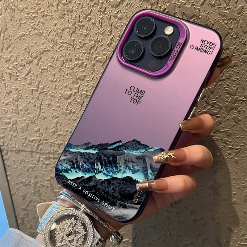 Snow Mountain Sunset Landscape Phone Case for iPhone 11-17 Pro Max – Electroplate Silver