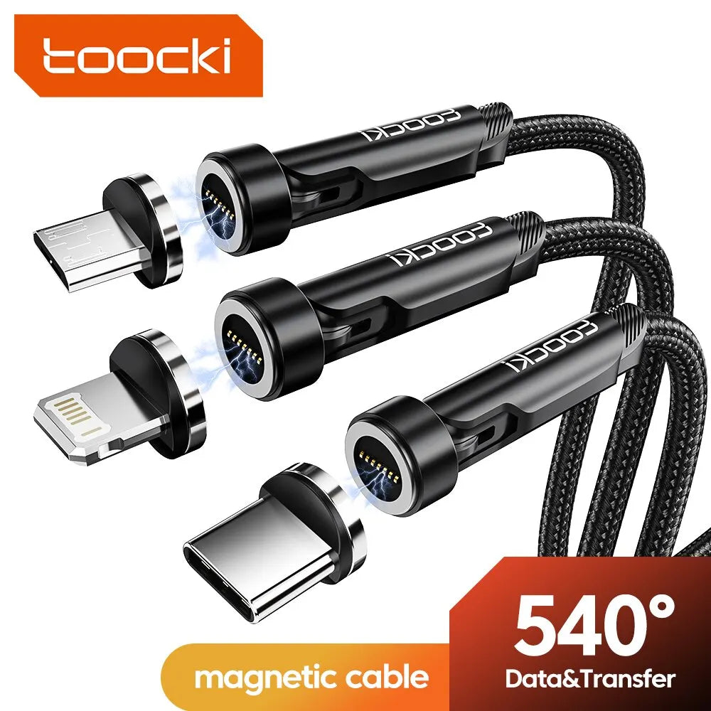 Toocki 540° Rotate Magnetic Cable | 3A Fast Charging Type-C Lightning Micro USB Braided Cord