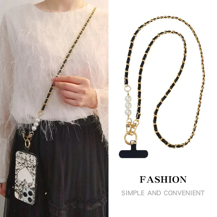 Pearl & Leather Phone Crossbody Strap — pearl phone crossbody strap