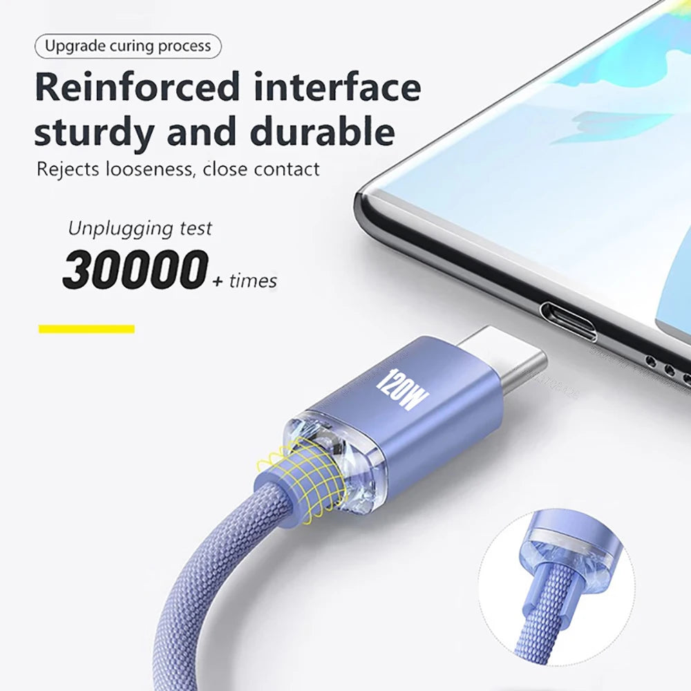 120W 6A USB-A to USB-C Fast Charging Cable | Braided Data Cord Xiaomi Oppo Samsung PD Quick Charge