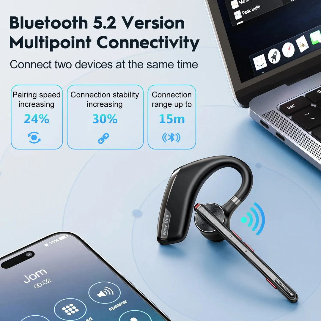 New Bee M51 Wireless Bluetooth Headset with Dual-Mic CVC8.0 Noise Cancelling for Professionals