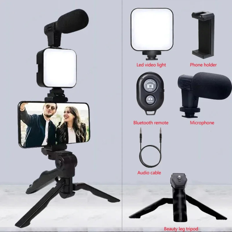 Smartphone Vlogging Kit Tripod Mic LED Light for TikTok