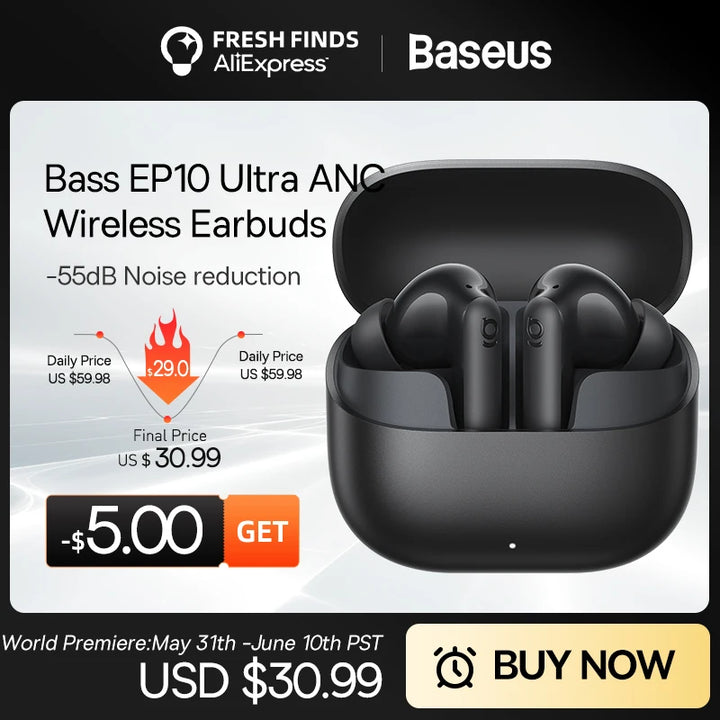 Baseus Bass EP10 Ultra BT 6.0 Earbuds | -55dB ANC | 65H | LDAC Hi-Res | 6-Mic AI Calls