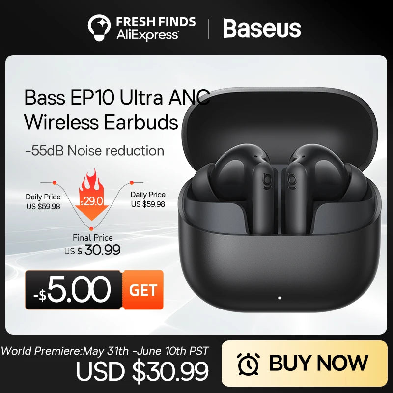 Baseus Bass EP10 Ultra BT 6.0 Earbuds | -55dB ANC | 65H | LDAC Hi-Res | 6-Mic AI Calls