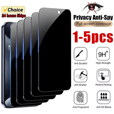 1-5 pack full cover anti-spy privacy glass for iPhone 16 15 14 Pro Max 13 11 X XR XS Max. Anti-fingerprint, anti-shatter, HD clear. Free shipping!
