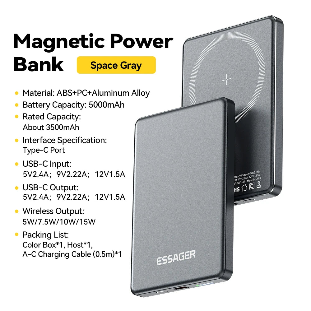 Essager 5000mAh Magnetic Wireless Power Bank 20W Fast Charging for iPhone 17 16 15 14 MagSafe