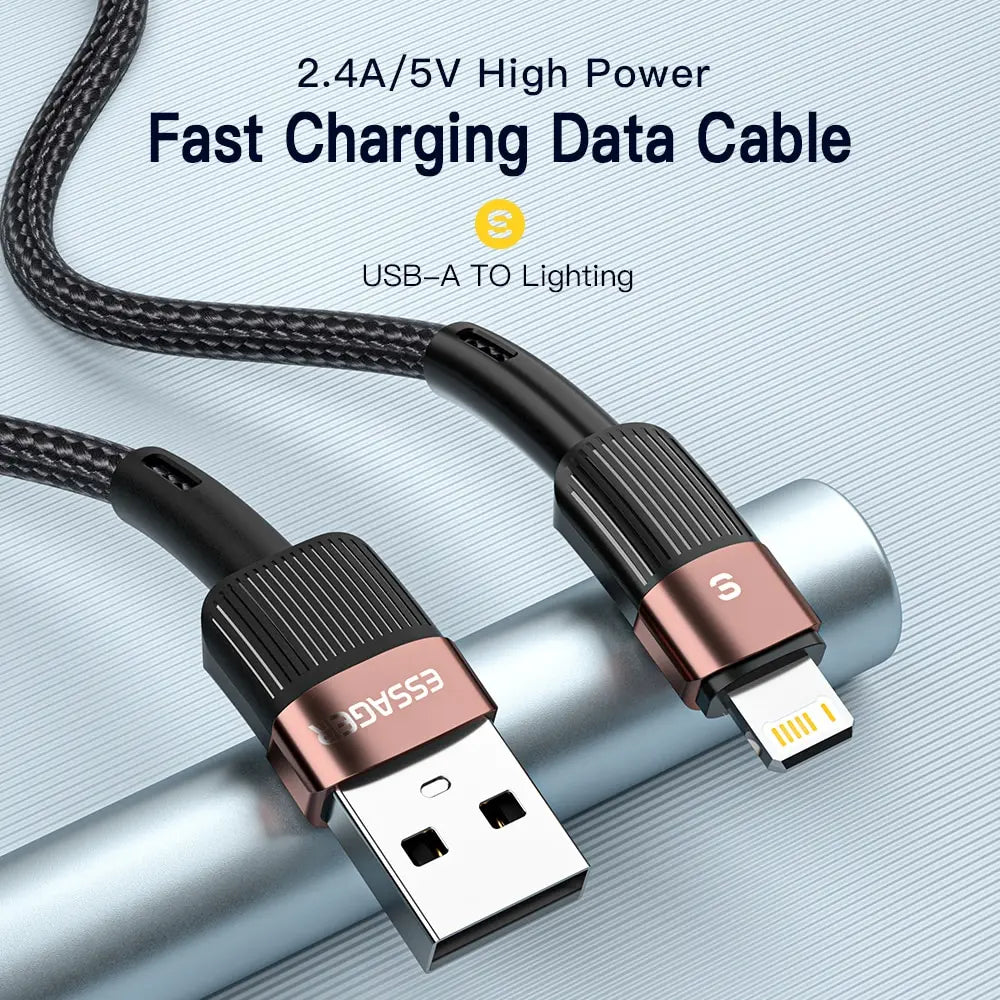 ESSAGER 2.4A Lightning iPhone Cable | Fast Charging Braided Cord iPhone 13 12 11–5 XR XS SE