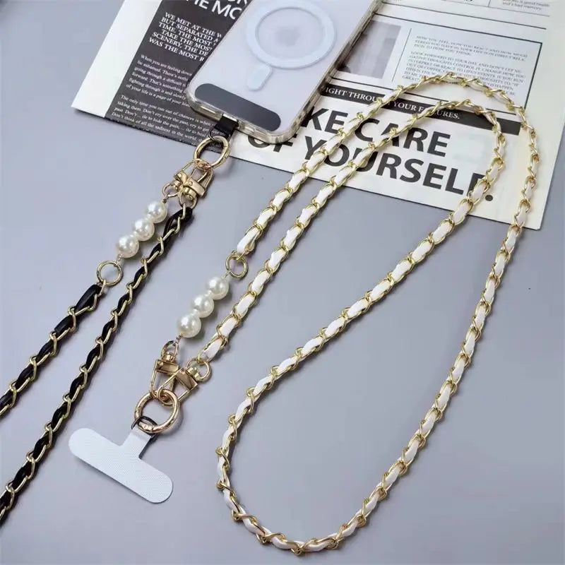 Pearl & Leather Phone Crossbody Strap — pearl phone crossbody strap