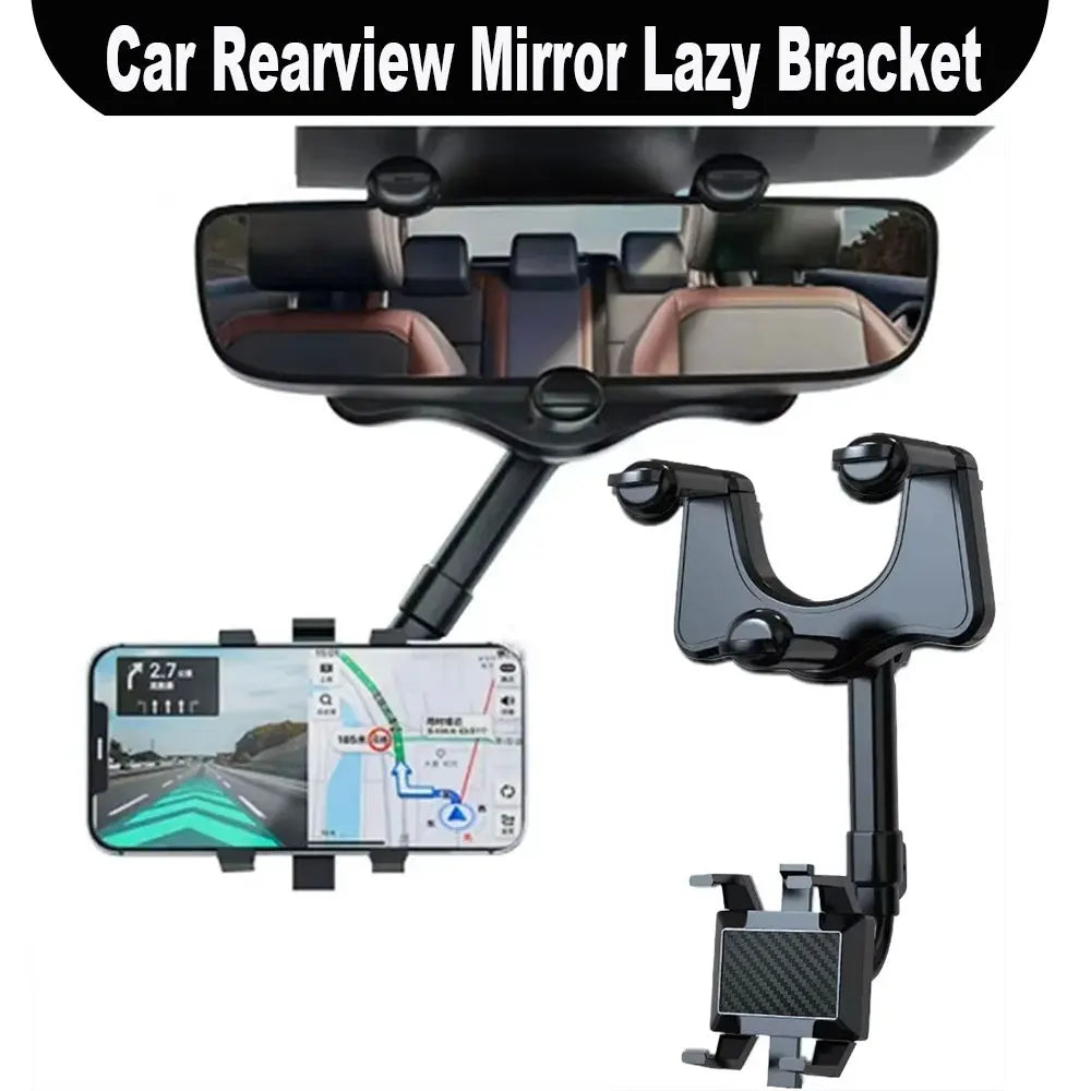 Car Rearview Mirror Phone Holder – 360° Retractable Clip Mount GPS Stand