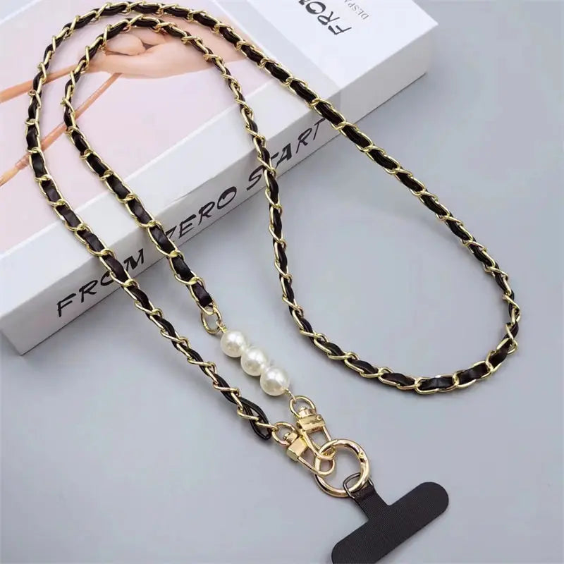Pearl & Leather Phone Crossbody Strap — pearl phone crossbody strap