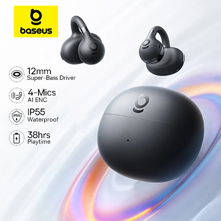 Baseus BC1 Bluetooth 6.0 Open Ear Clip Earbuds | 4-Mic AI | Super Bass | IP55 | 38H